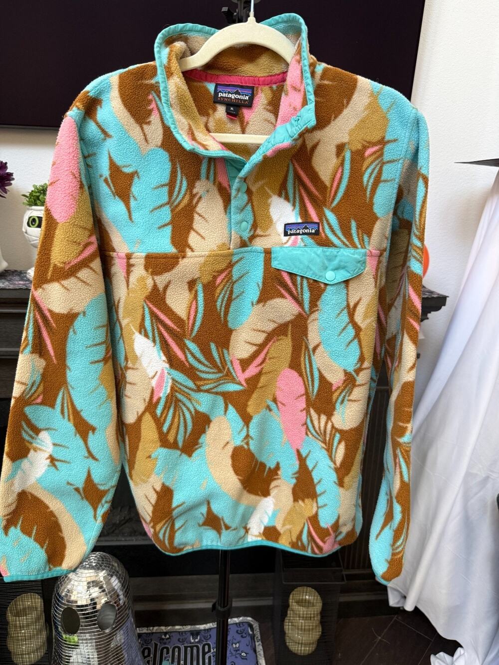 90´s Patagonia Synchilla Snap-T Leaves Pattern XL Turquoise/Brown/Pink